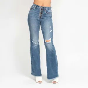 5 Button Distressed Flare Jeans