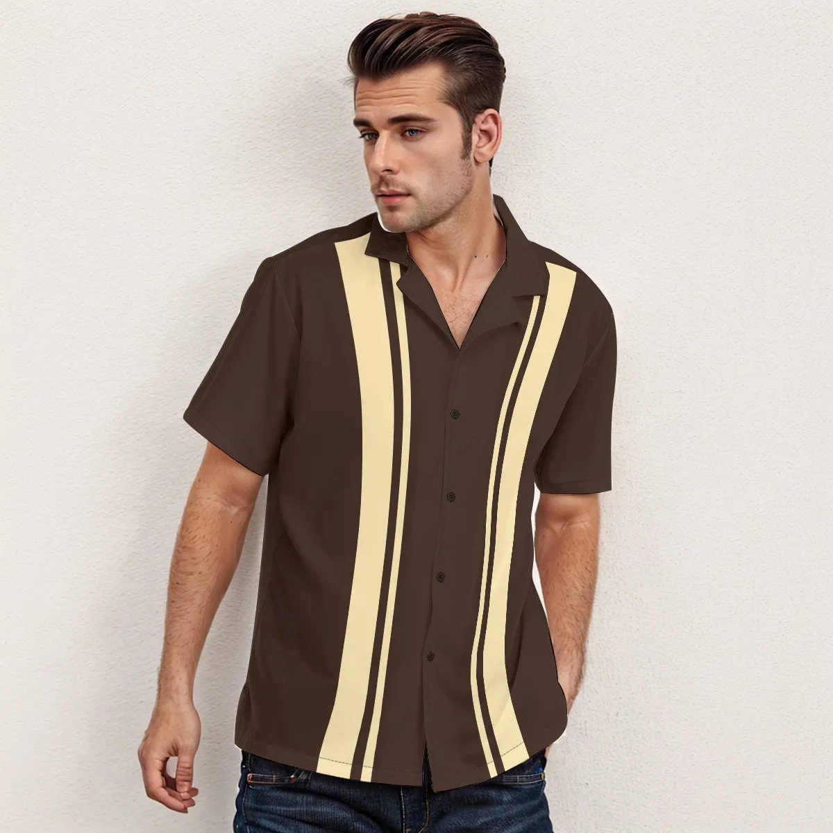 60s Shirt style men, Retro Shirt Men, Vintage 60s style shirt, Vintage Style Bowling Shirt, Vintage Style Top, Brown Stripe Shirt Men