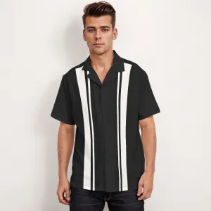 60s Style Shirt, Retro Shirt Men, Black Vintage Bowling Shirt, Black Color Block Shirt Men