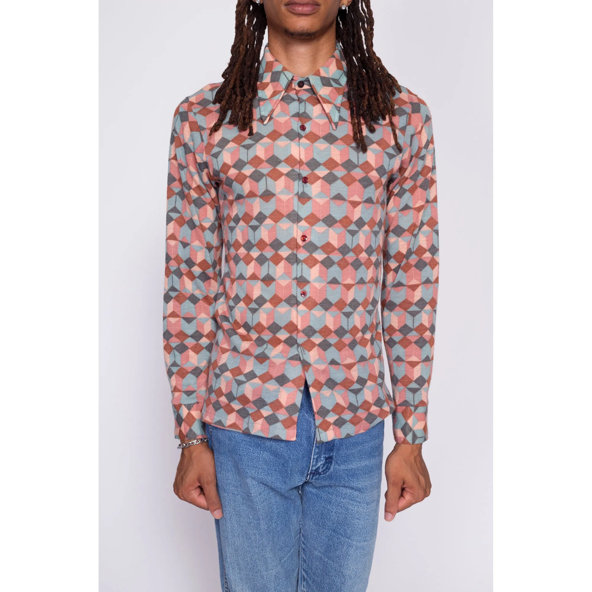 70s Optical Illusion Knit Disco Shirt - Men's Small