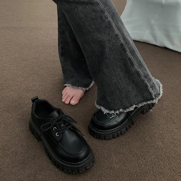 Advbridge Women Shoes Autumn Clogs Platform All-Match Black Flats British Style Oxfords Fall Creepers Retro New Preppy Winter Leather Rome