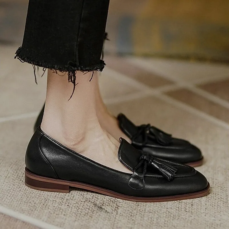 Bjlxn Retro Tassel bow-knot small leather shoes women 2022 loafers square toe low heels oxfords woman ins genuine leather fringe flats