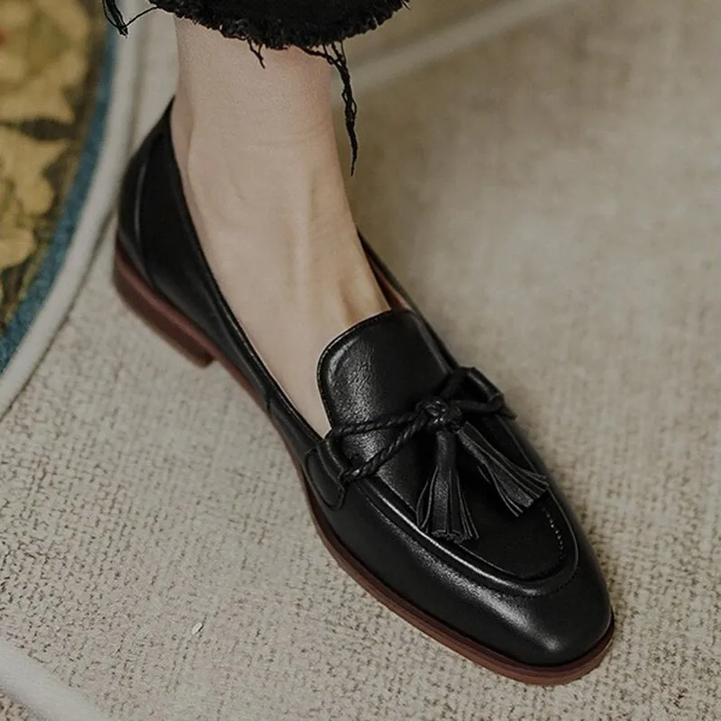 Bjlxn Retro Tassel bow-knot small leather shoes women 2022 loafers square toe low heels oxfords woman ins genuine leather fringe flats