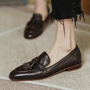 Bjlxn Retro Tassel bow-knot small leather shoes women 2022 loafers square toe low heels oxfords woman ins genuine leather fringe flats