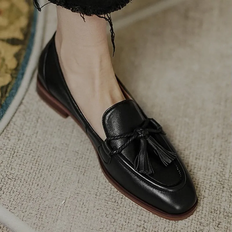 Bjlxn Retro Tassel bow-knot small leather shoes women 2022 loafers square toe low heels oxfords woman ins genuine leather fringe flats