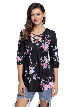 Black Floral Print Lace Up V Neck Sleeved Blouse