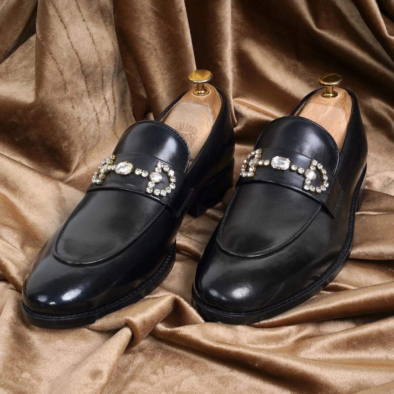 Black Leather With Stone Detailing Men's Loafer