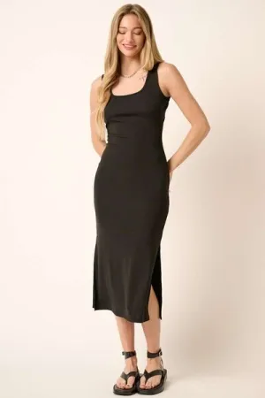 Black Side Slit Wide Strap Midi Tank Dress