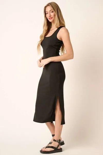 Black Side Slit Wide Strap Midi Tank Dress