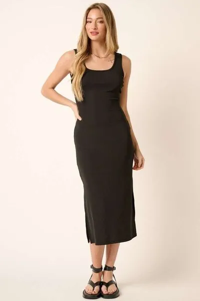 Black Side Slit Wide Strap Midi Tank Dress