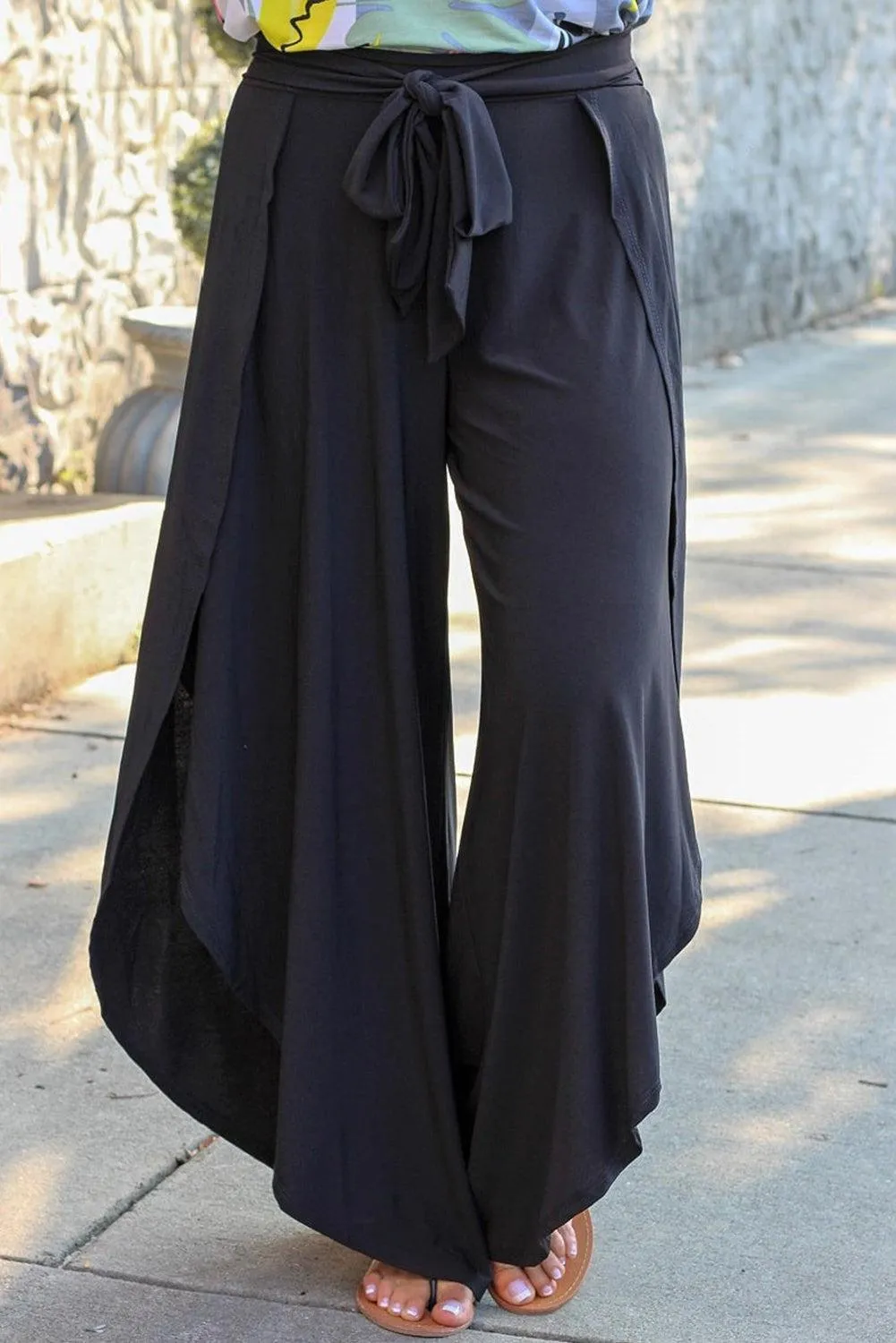 Black Tie Front Plus Size Wide Leg Pants