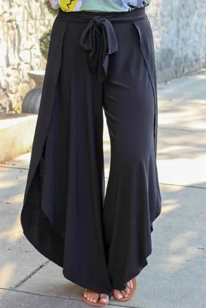 Black Tie Front Plus Size Wide Leg Pants