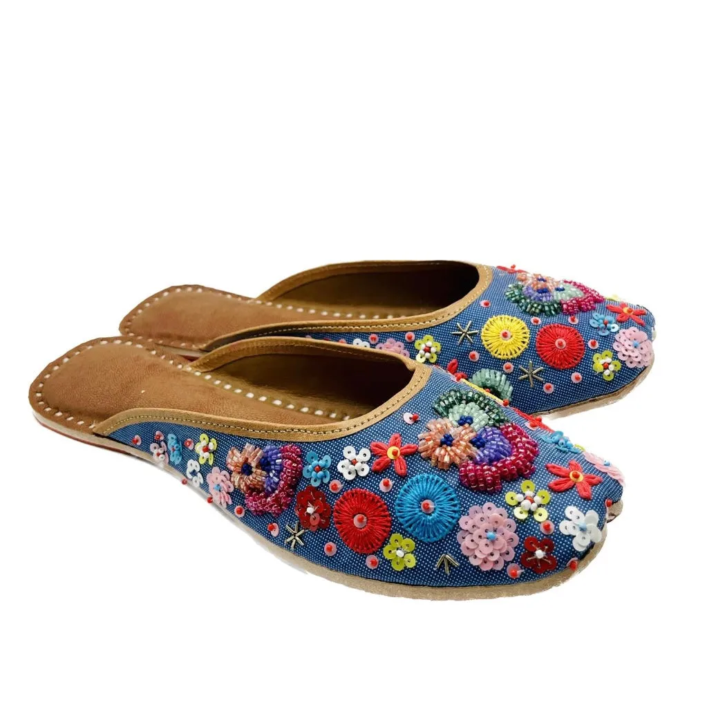Blue Garden Flats Mule Shoes