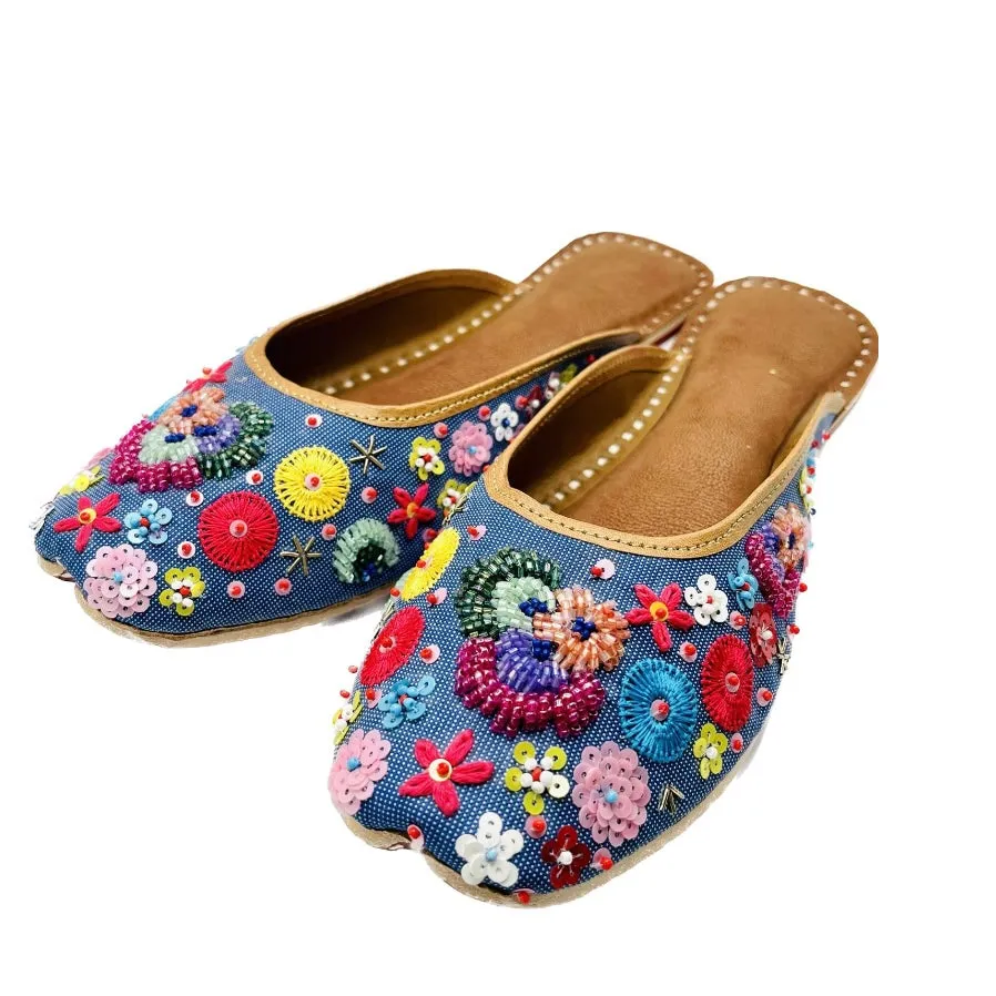 Blue Garden Flats Mule Shoes