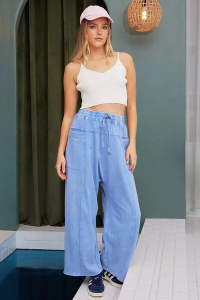 Blue Mineral Wash Elastic Baggy Pants