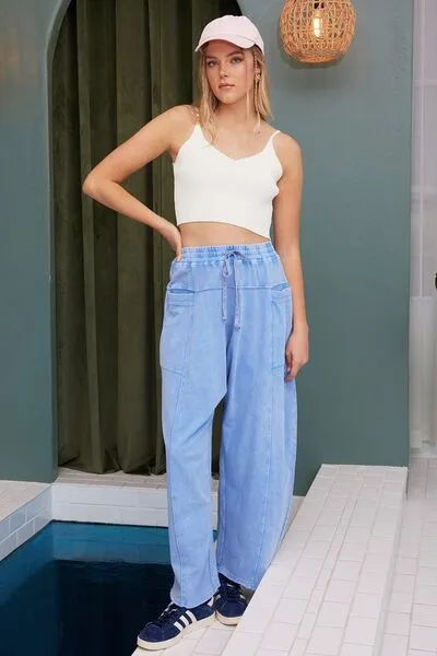 Blue Mineral Wash Elastic Baggy Pants