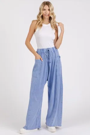 Blue Mineral Wash Elastic Baggy Pants