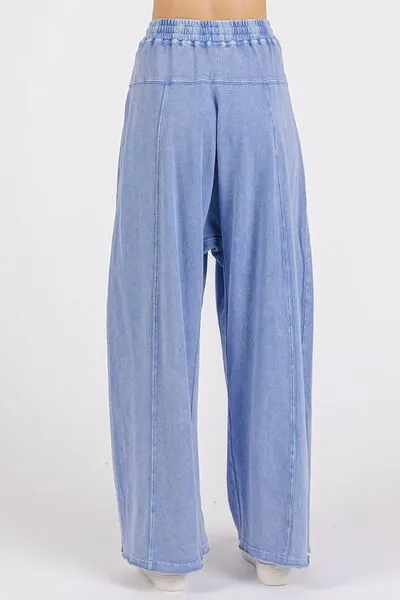 Blue Mineral Wash Elastic Baggy Pants