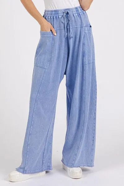 Blue Mineral Wash Elastic Baggy Pants