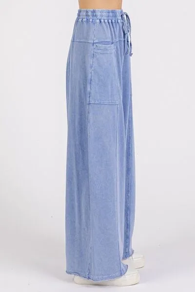 Blue Mineral Wash Elastic Baggy Pants
