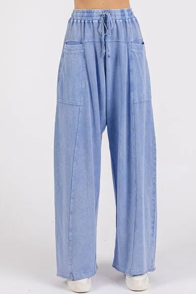 Blue Mineral Wash Elastic Baggy Pants