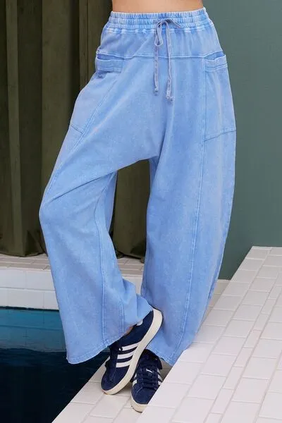 Blue Mineral Wash Elastic Baggy Pants