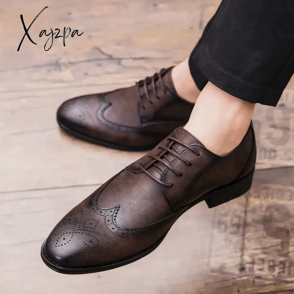 Brogue Formal Shoes Men Dress Leather Shoes Fashion Men Flats Shoes Genuine Retro Pointed Toe Oxford Male Footwear Zapatos
