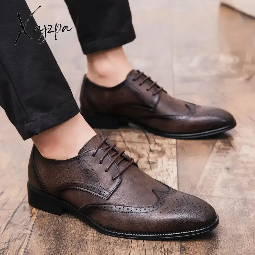 Brogue Formal Shoes Men Dress Leather Shoes Fashion Men Flats Shoes Genuine Retro Pointed Toe Oxford Male Footwear Zapatos