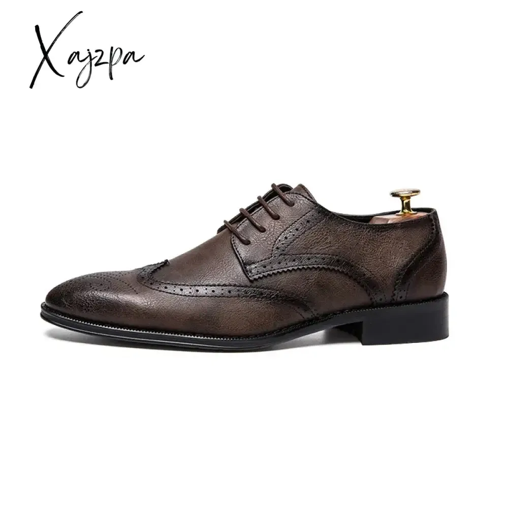 Brogue Formal Shoes Men Dress Leather Shoes Fashion Men Flats Shoes Genuine Retro Pointed Toe Oxford Male Footwear Zapatos