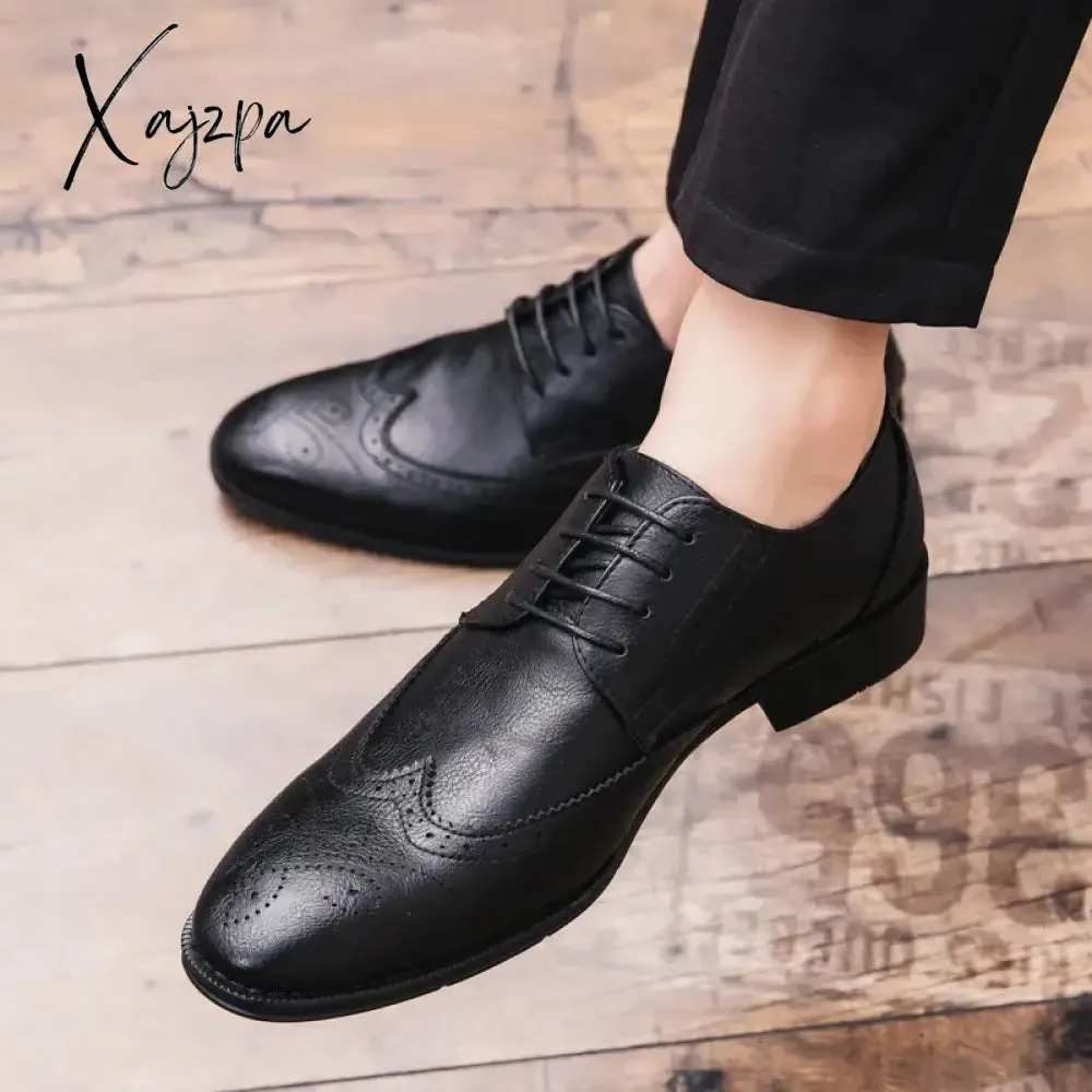 Brogue Formal Shoes Men Dress Leather Shoes Fashion Men Flats Shoes Genuine Retro Pointed Toe Oxford Male Footwear Zapatos