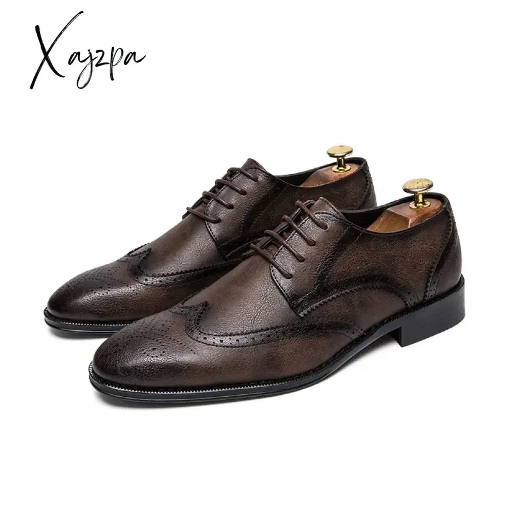 Brogue Formal Shoes Men Dress Leather Shoes Fashion Men Flats Shoes Genuine Retro Pointed Toe Oxford Male Footwear Zapatos