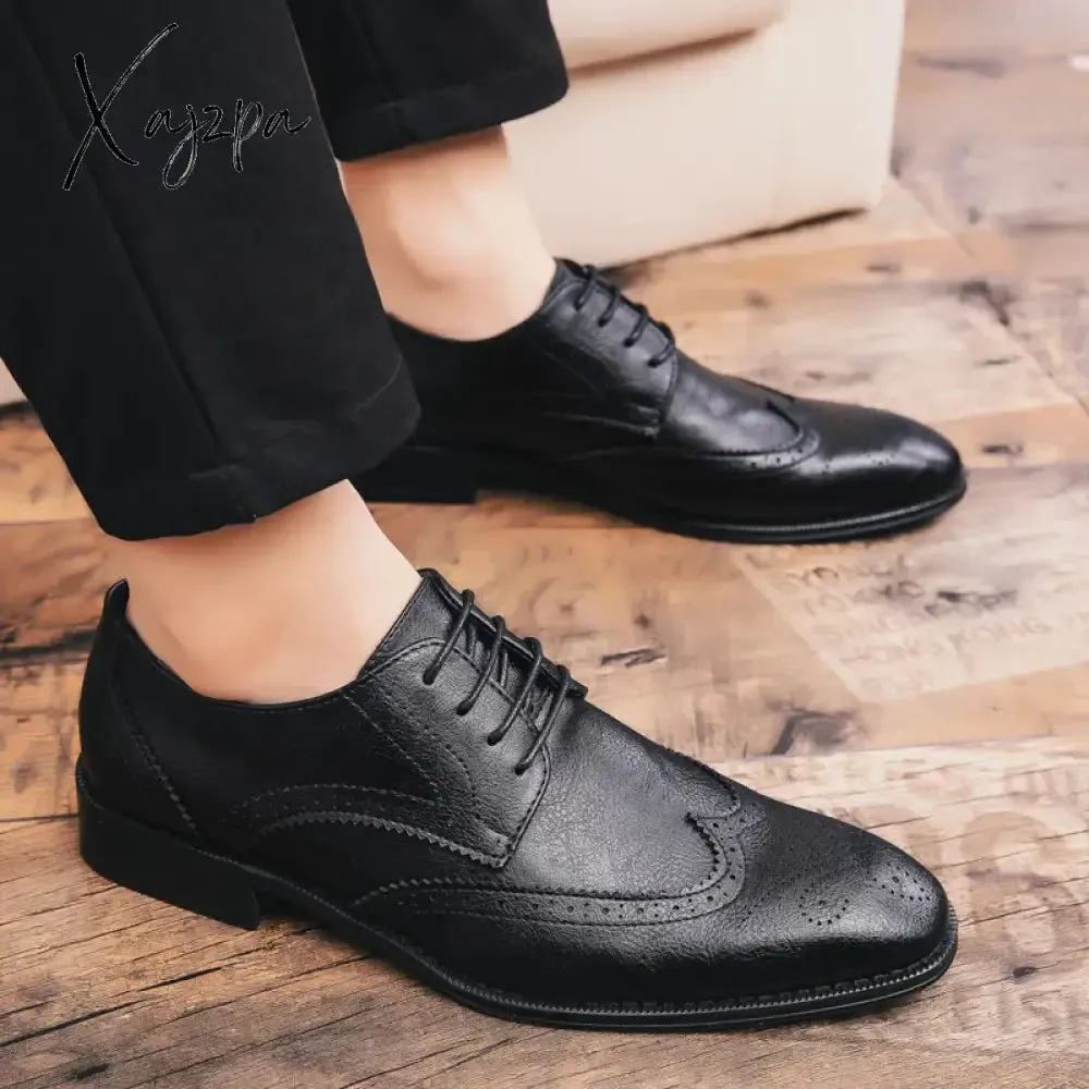 Brogue Formal Shoes Men Dress Leather Shoes Fashion Men Flats Shoes Genuine Retro Pointed Toe Oxford Male Footwear Zapatos