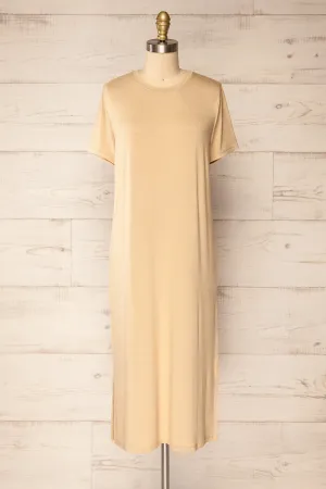 Bucarest Beige | Relaxed Fit Midi Dress w/ Short Sleeves