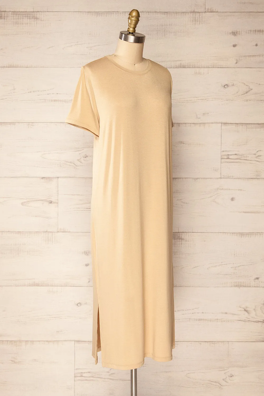 Bucarest Beige | Relaxed Fit Midi Dress w/ Short Sleeves