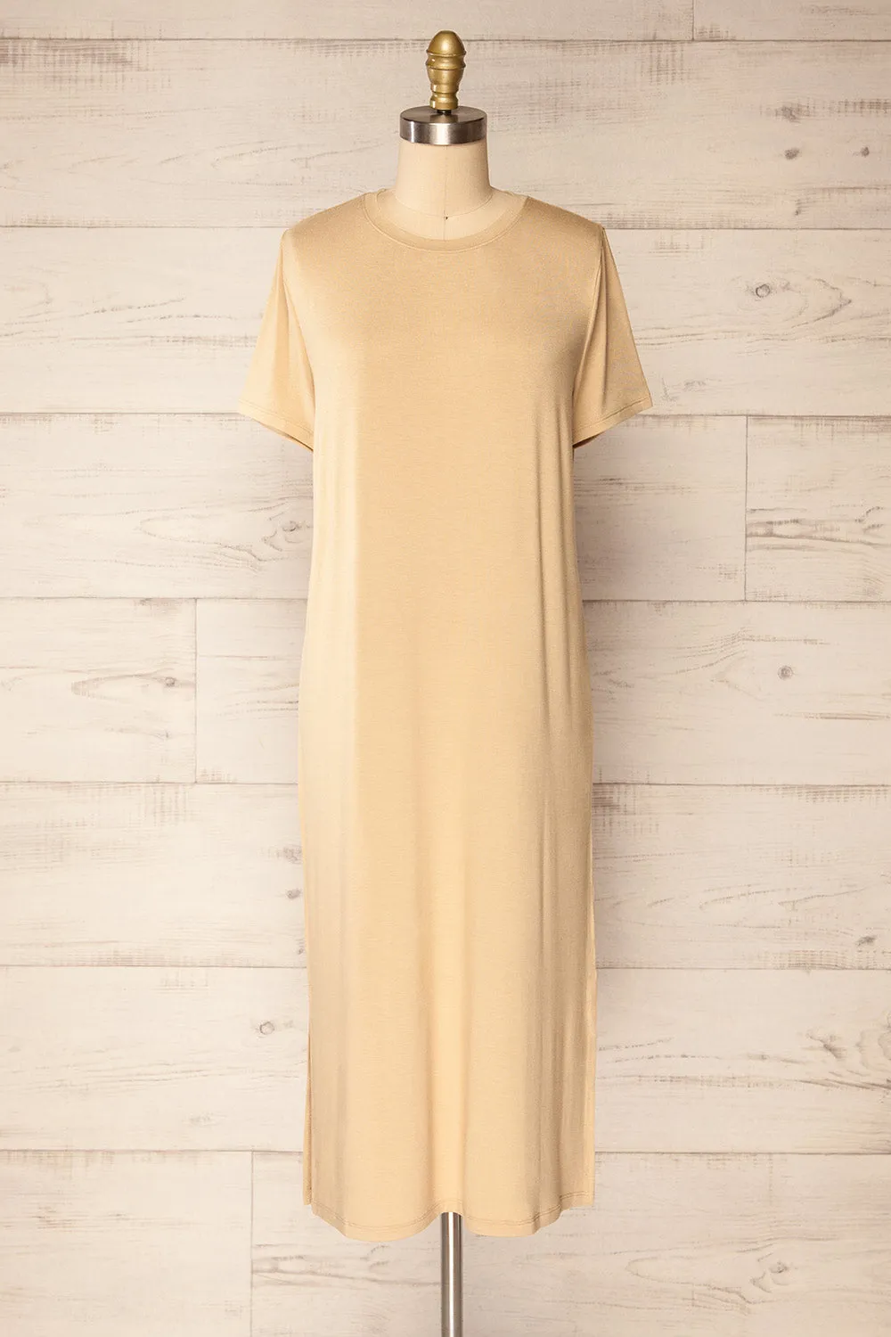 Bucarest Beige | Relaxed Fit Midi Dress w/ Short Sleeves