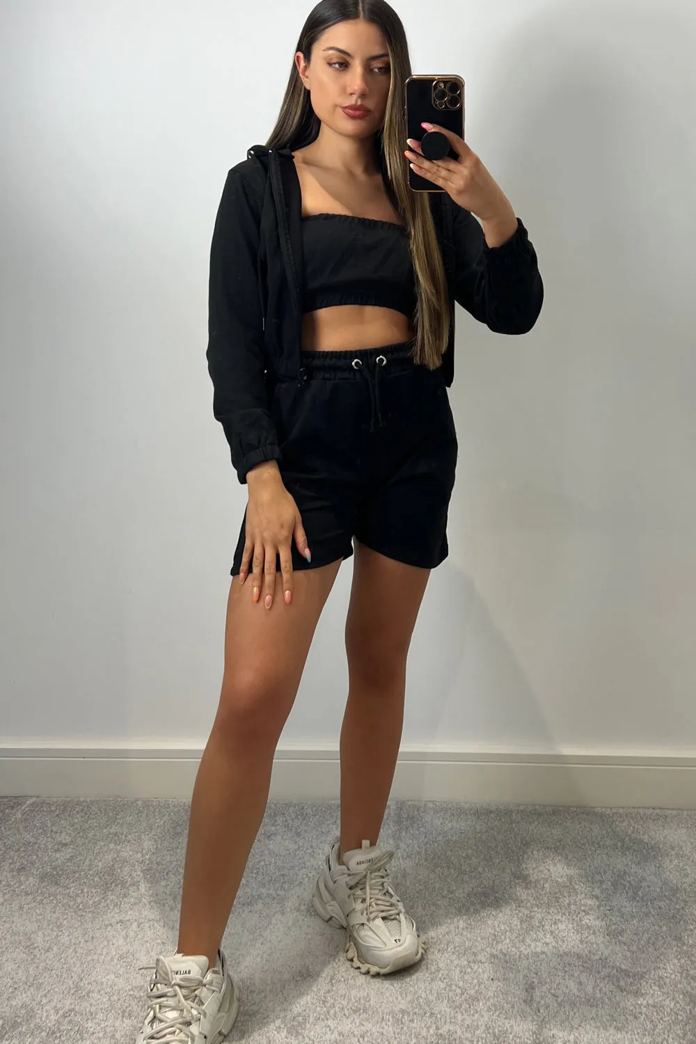 Chantel Black 3 Piece Hoodie & Short Loungewear Set