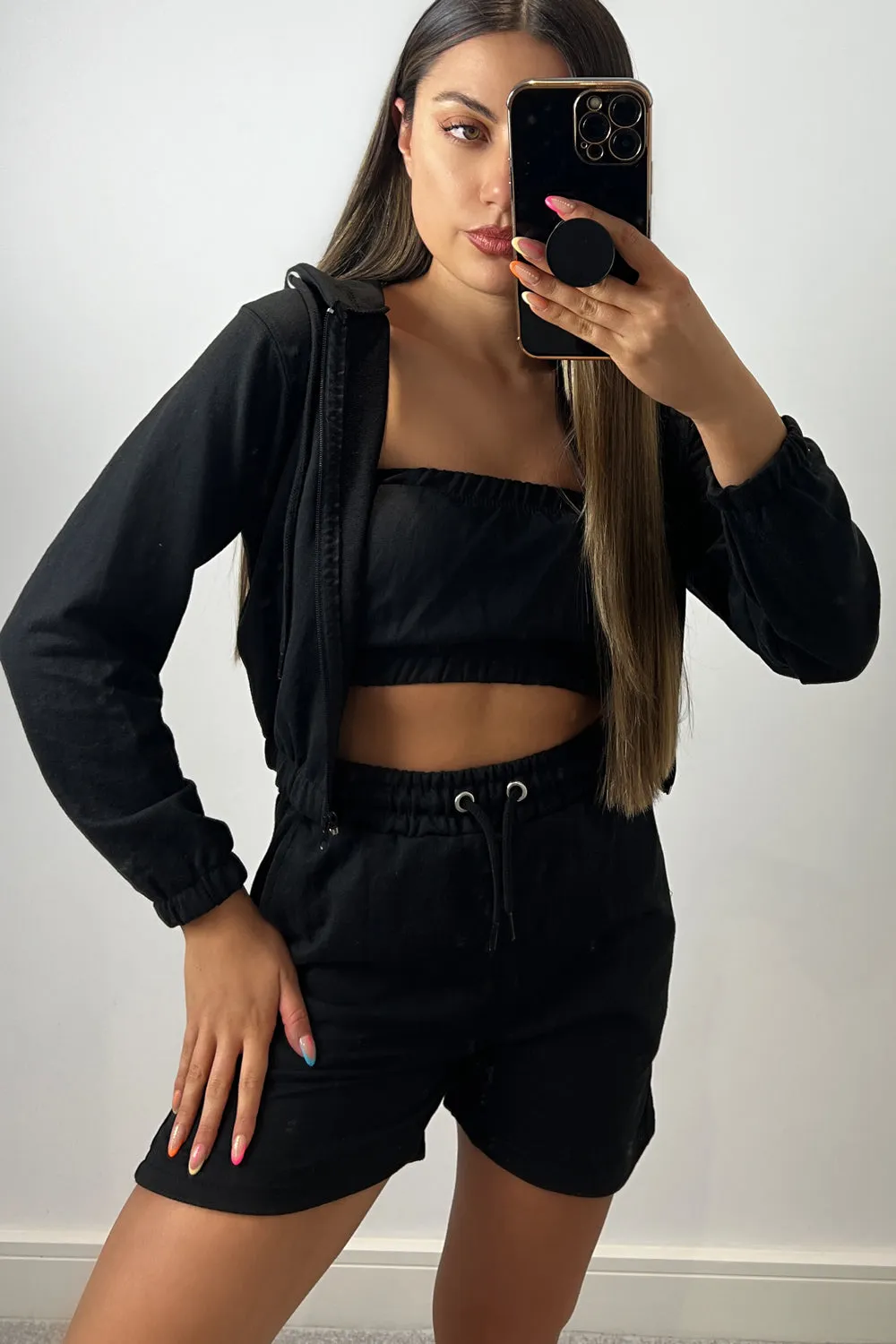 Chantel Black 3 Piece Hoodie & Short Loungewear Set