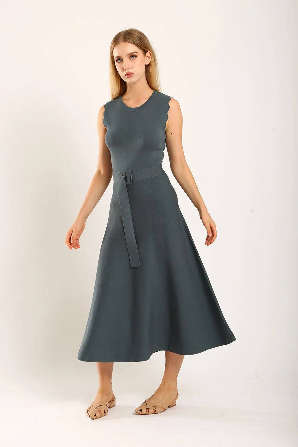 Clabelle Knit Belted Dress in Gun Metal