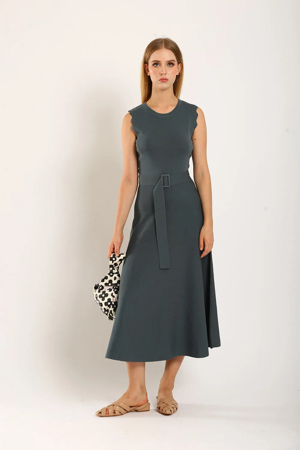 Clabelle Knit Belted Dress in Gun Metal