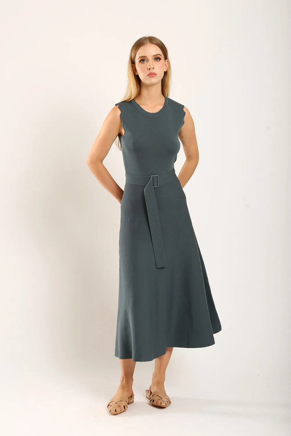 Clabelle Knit Belted Dress in Gun Metal