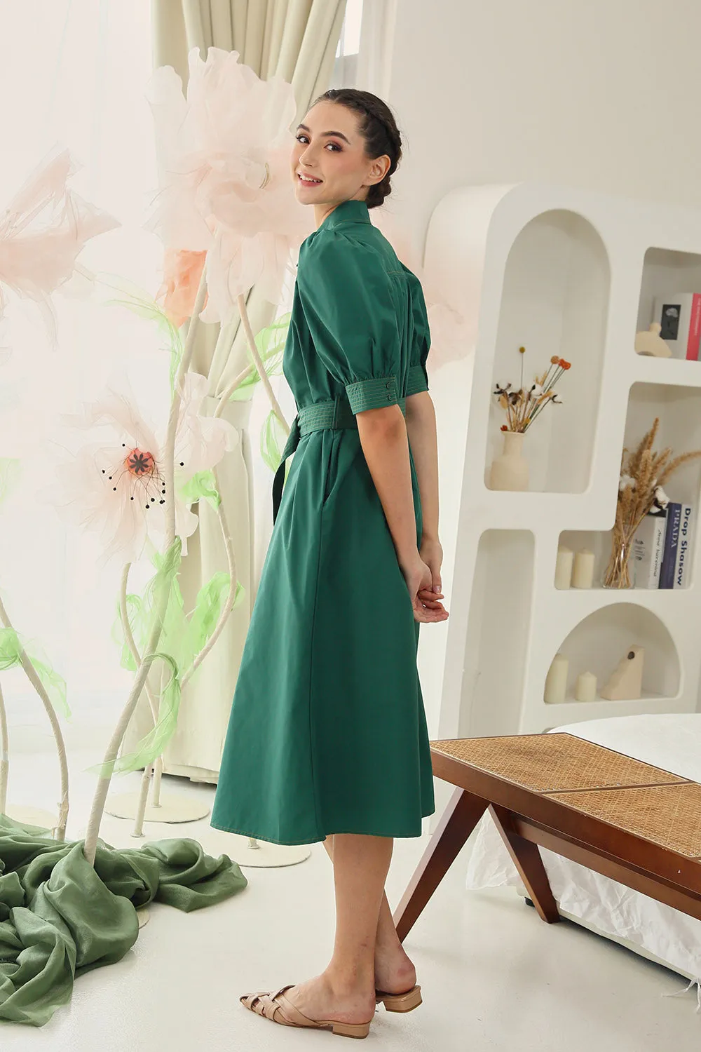 Clarissa Belted Shirt Dress in Emerald Green