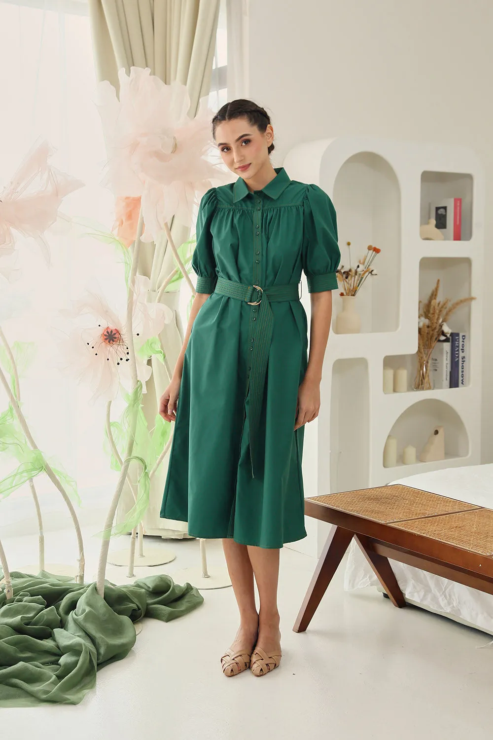Clarissa Belted Shirt Dress in Emerald Green
