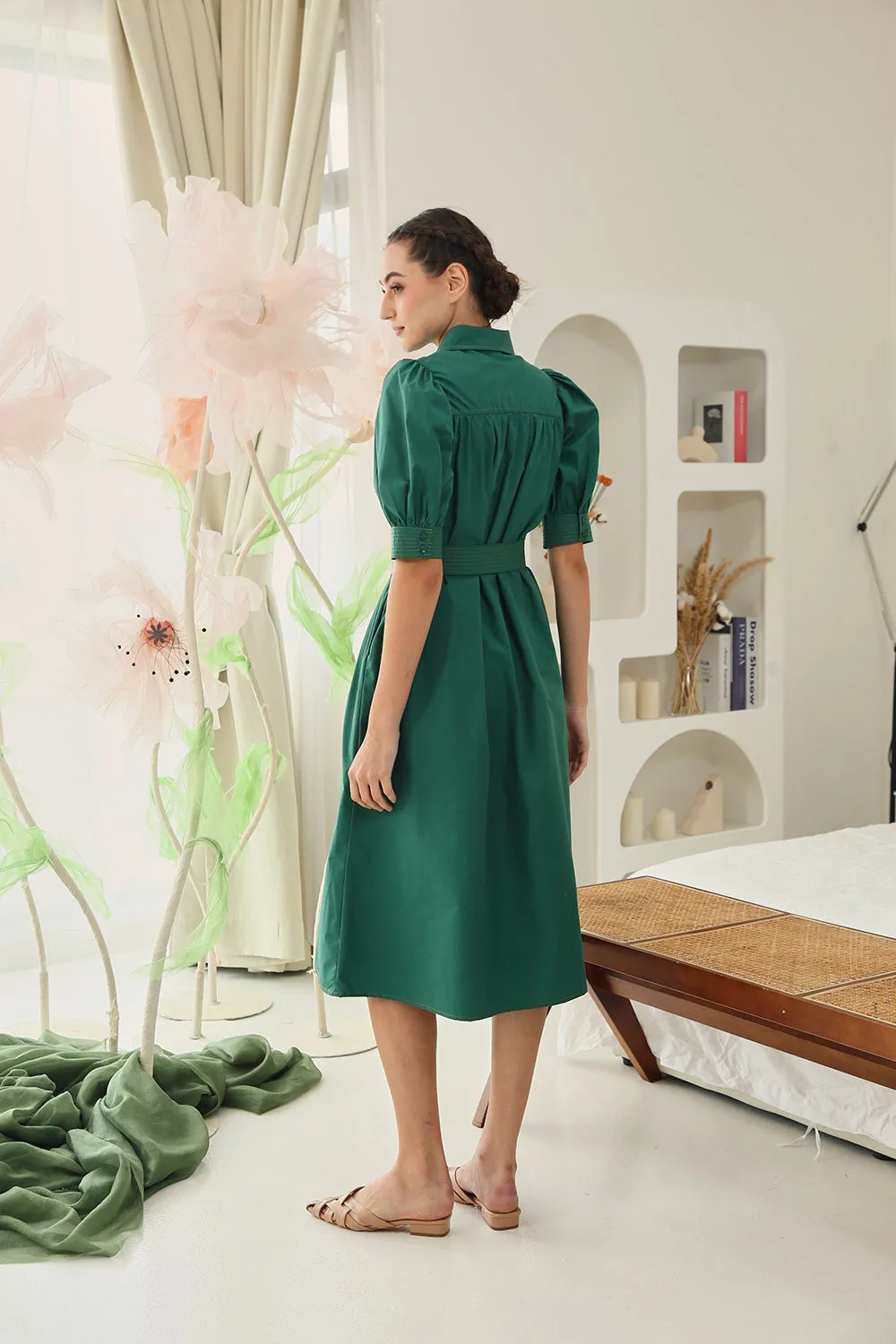 Clarissa Belted Shirt Dress in Emerald Green