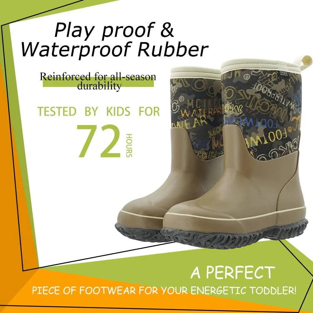 CNSBOR Kids Waterproof Insulated Rubber Neoprene Rain Boots with Easy on Rainboot for Youth