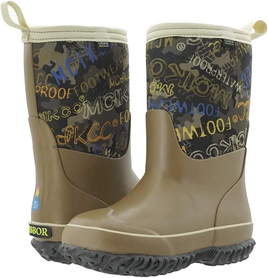 CNSBOR Kids Waterproof Insulated Rubber Neoprene Rain Boots with Easy on Rainboot for Youth
