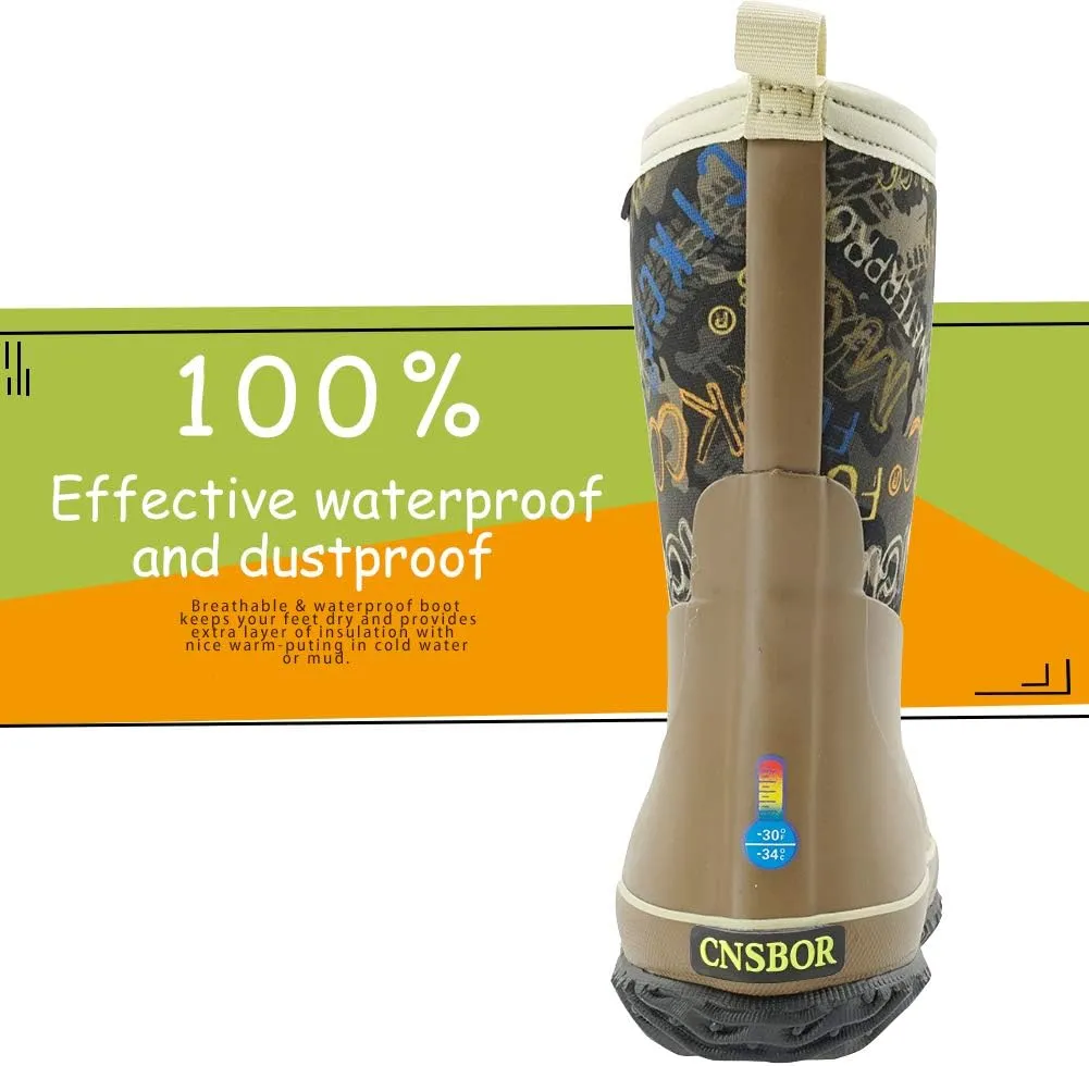CNSBOR Kids Waterproof Insulated Rubber Neoprene Rain Boots with Easy on Rainboot for Youth