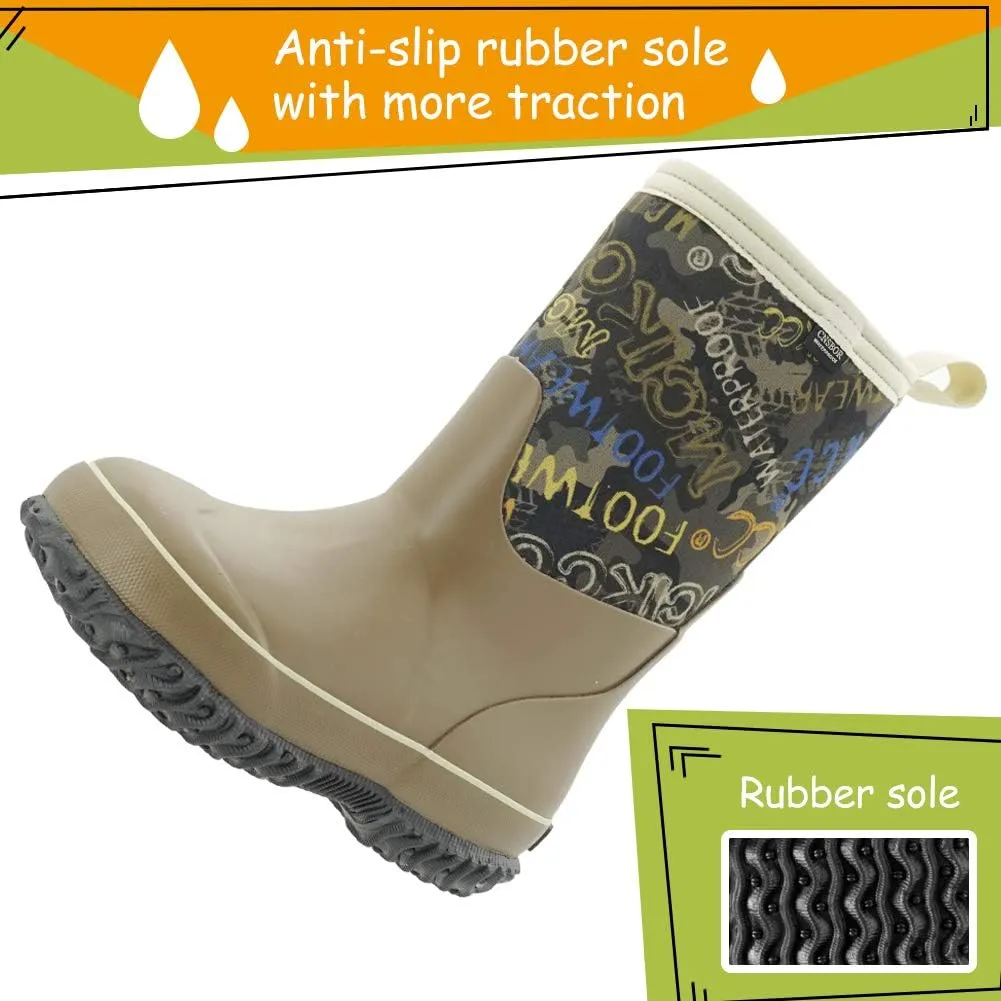 CNSBOR Kids Waterproof Insulated Rubber Neoprene Rain Boots with Easy on Rainboot for Youth