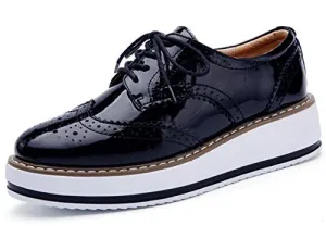 DADAWEN Women's Platform Lace-Up Wingtips Square Toe Oxfords Shoe Black US Size 8/Asia Size 40/25cm
