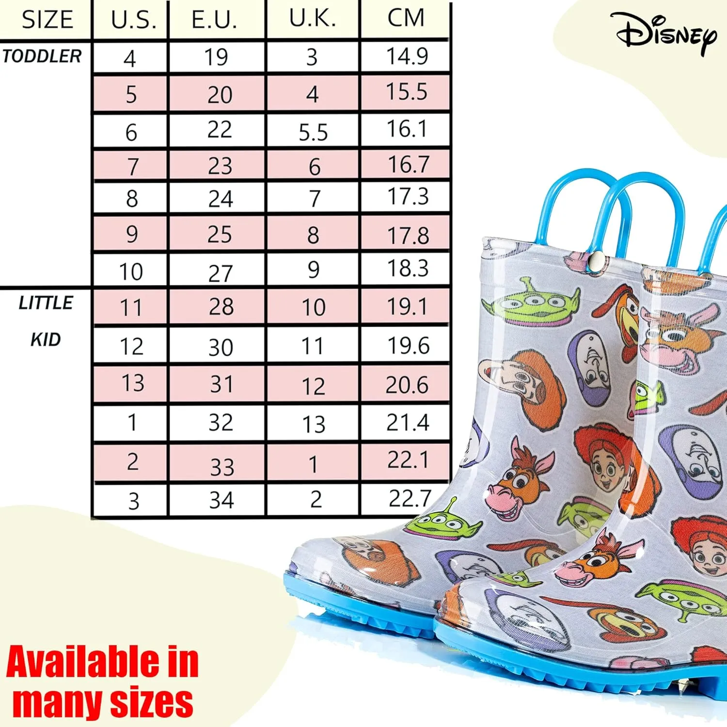 Disney Toy Story Kids' Waterproof PVC Rain Boots  Featuring Buzz Lightyear & Woody  Easy-On Handles  Toddler/Little Kid