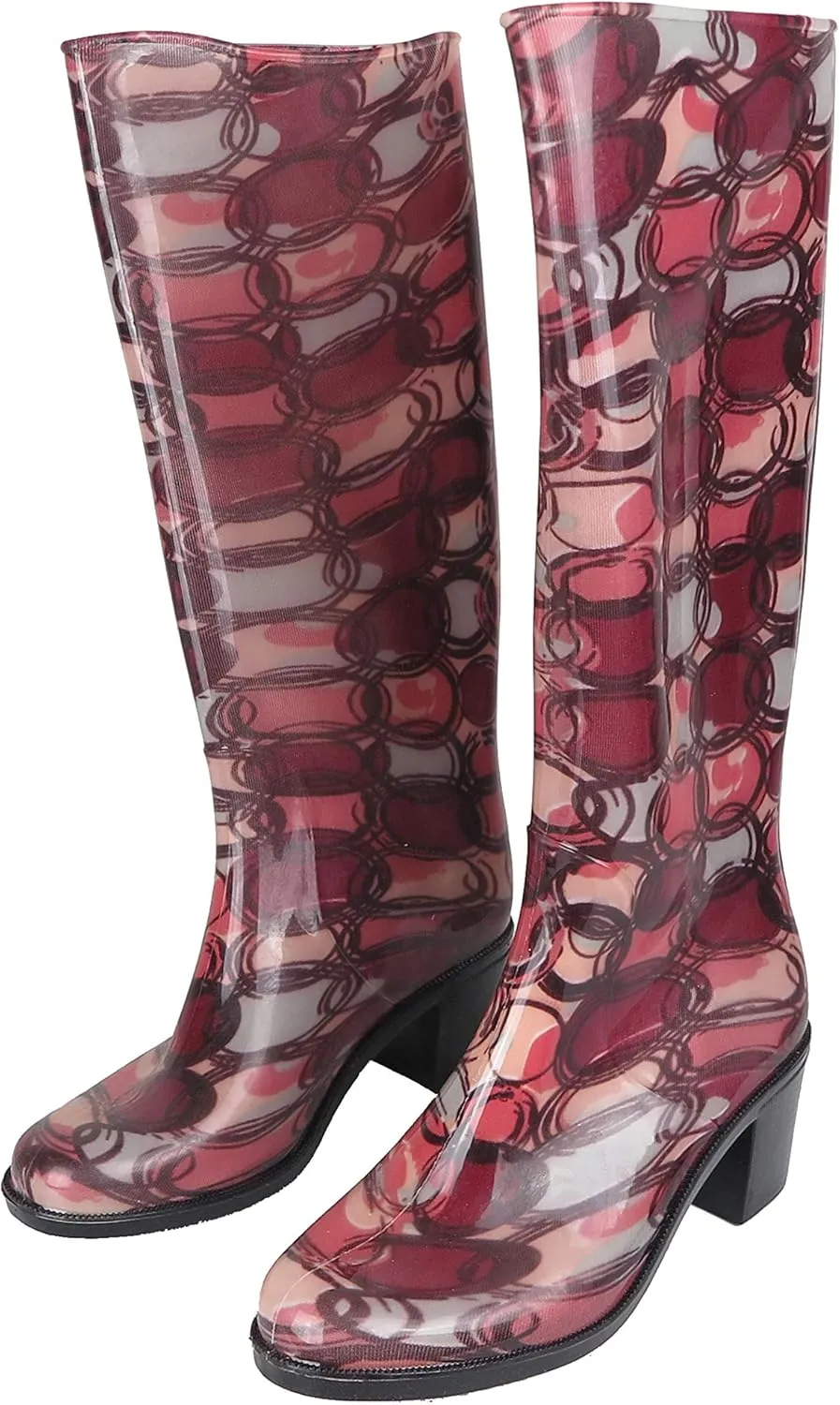 Easy USA Women's 15" Rain Boot Waterproof Rubber Shoes Printed Sizes 6-10 New (8, Red Circles)